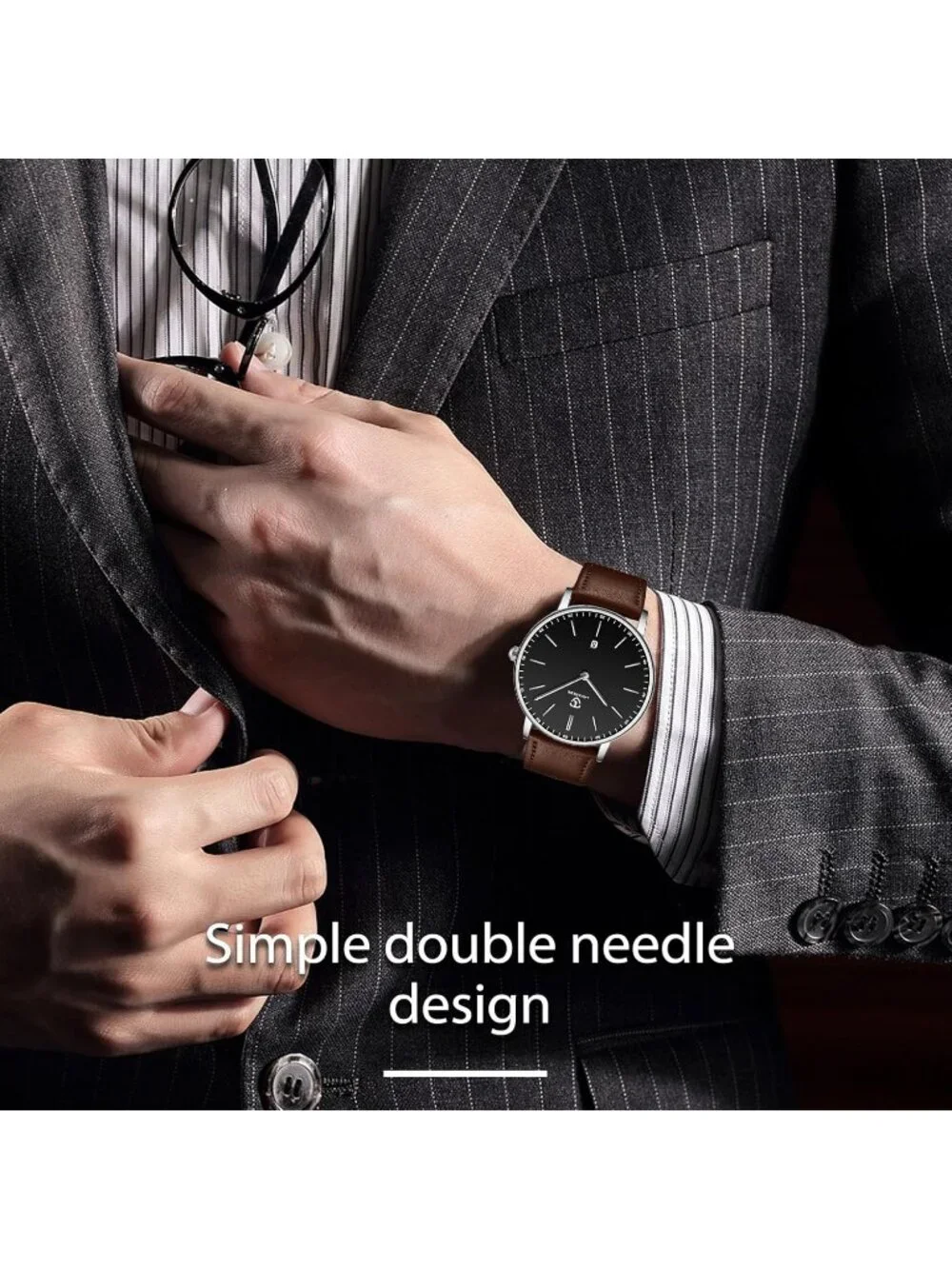 Men Brown Black Leather Strap Analog Minimalist Fashion Simple Round Wrist Watch